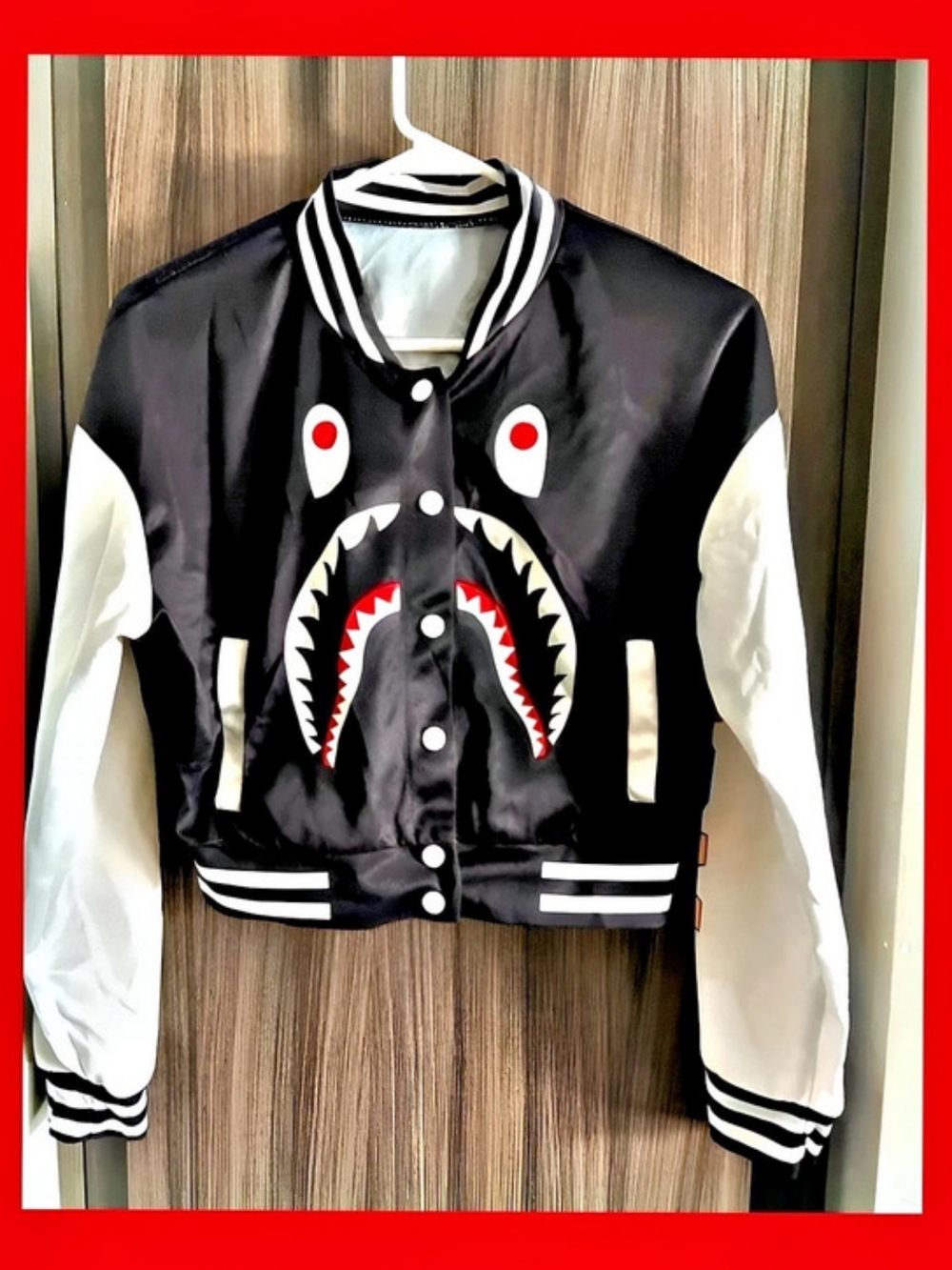 Shark Graphic Varsity Jacket in Black & White Like New